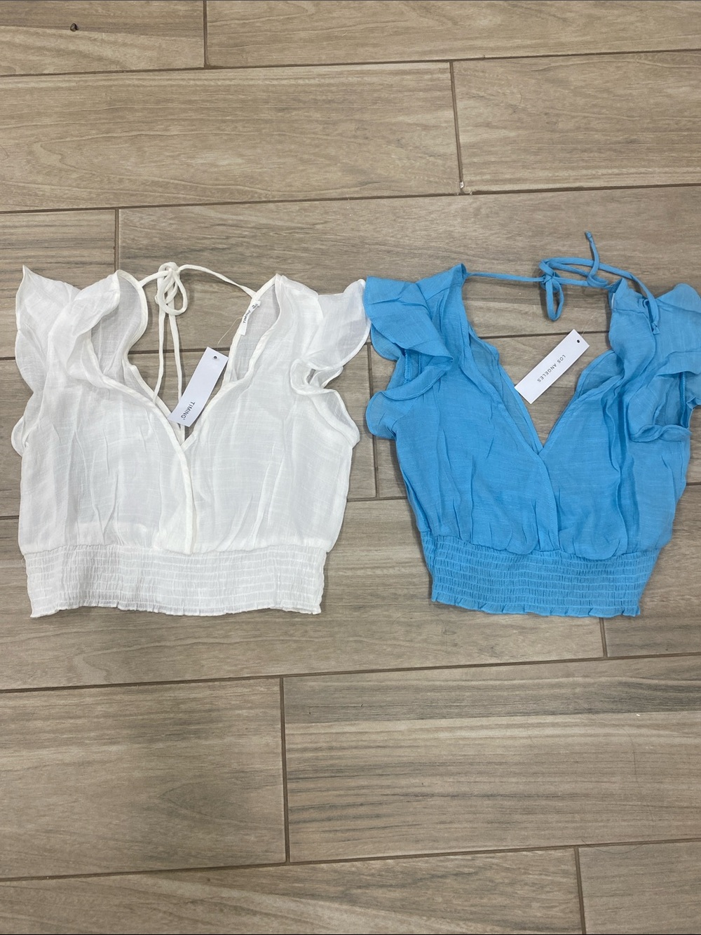 Timing Ruffle V-Neck Crop Top in Blue and white